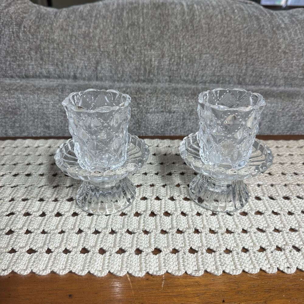 Vtg 90s Partylite Quilted Glass Pedestal Votive Tealight Candle Holders Set Of 2